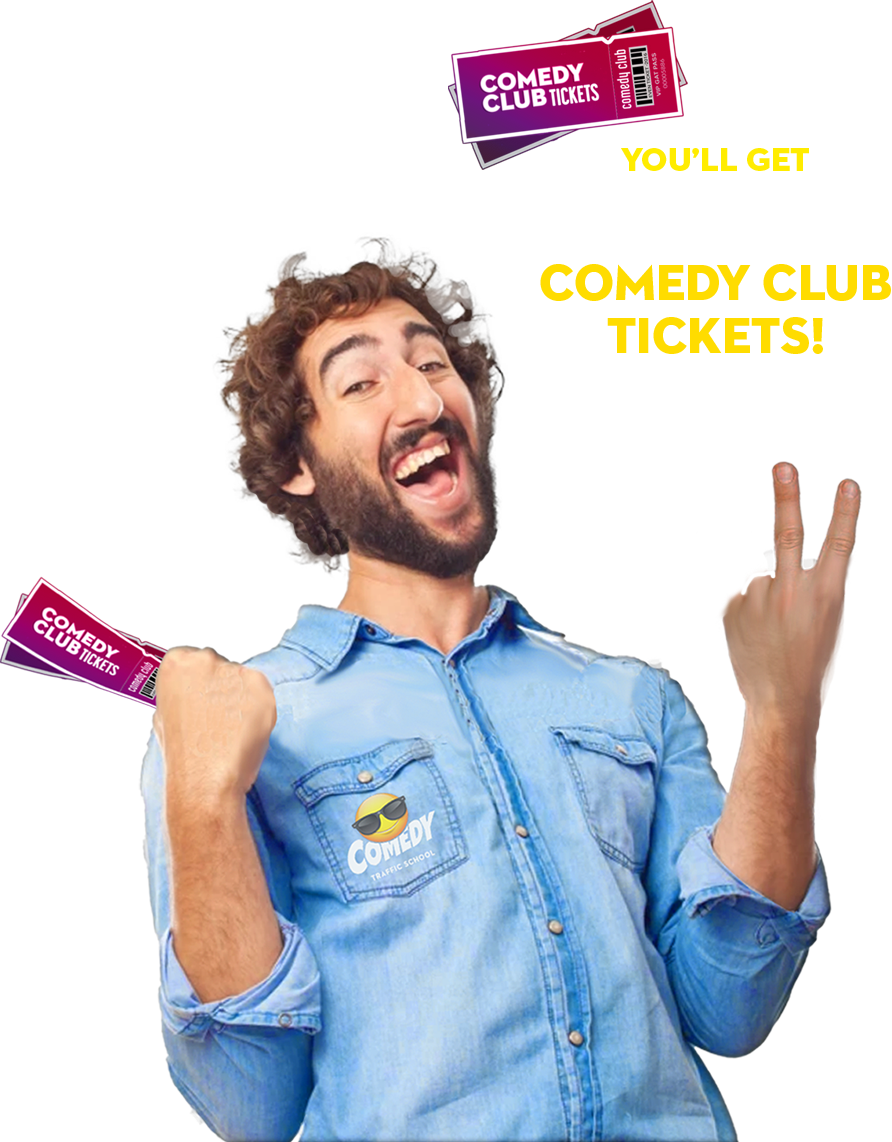 happy customer winning two free comedy club tickets