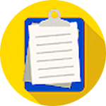 cartoon clipboard and lined paper in a yellow circle